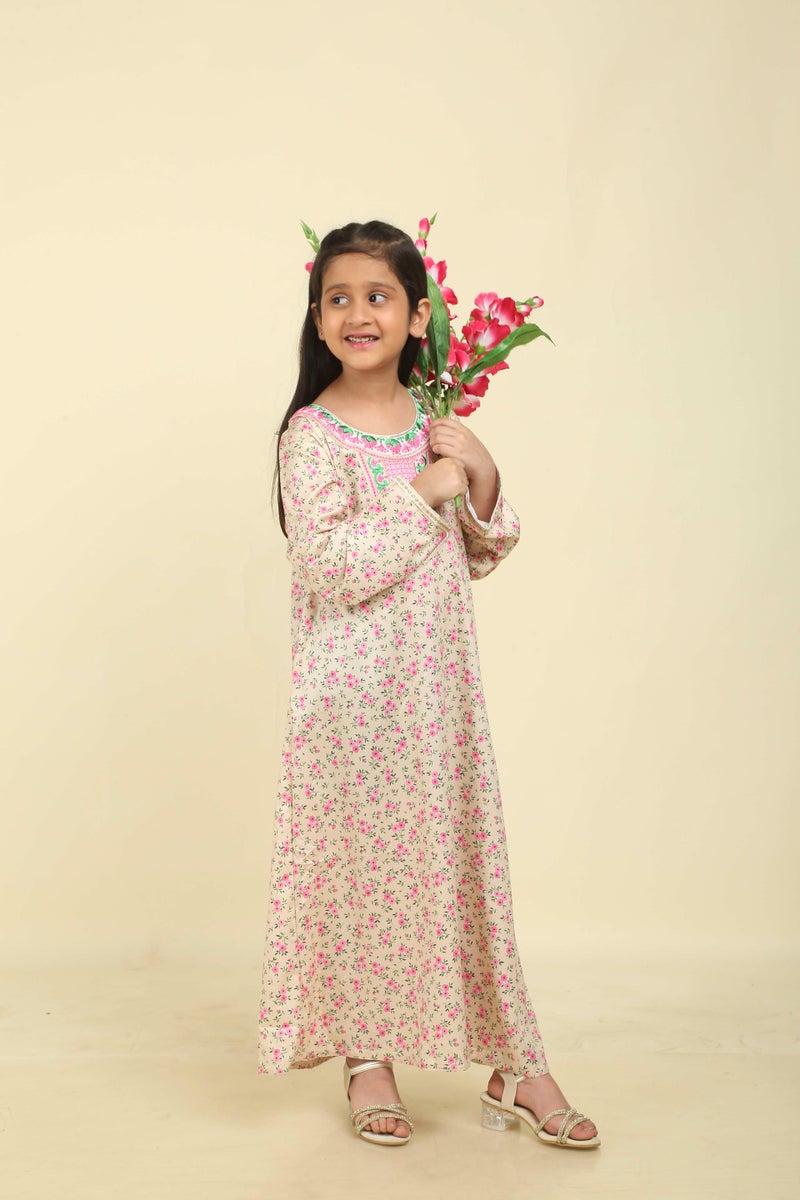 HANA & SARA Girls Satin Digital Print Floral Arabic Jalabiya – Lightweight Modest Wear Dress - Image 5